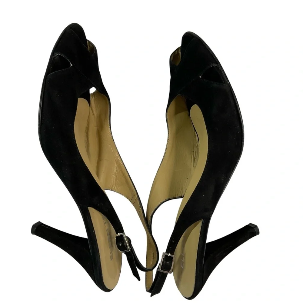 Ellen Tracy Black Suede Peep Toe Slingback Heeled Leather Sole Sandals Size 7.5